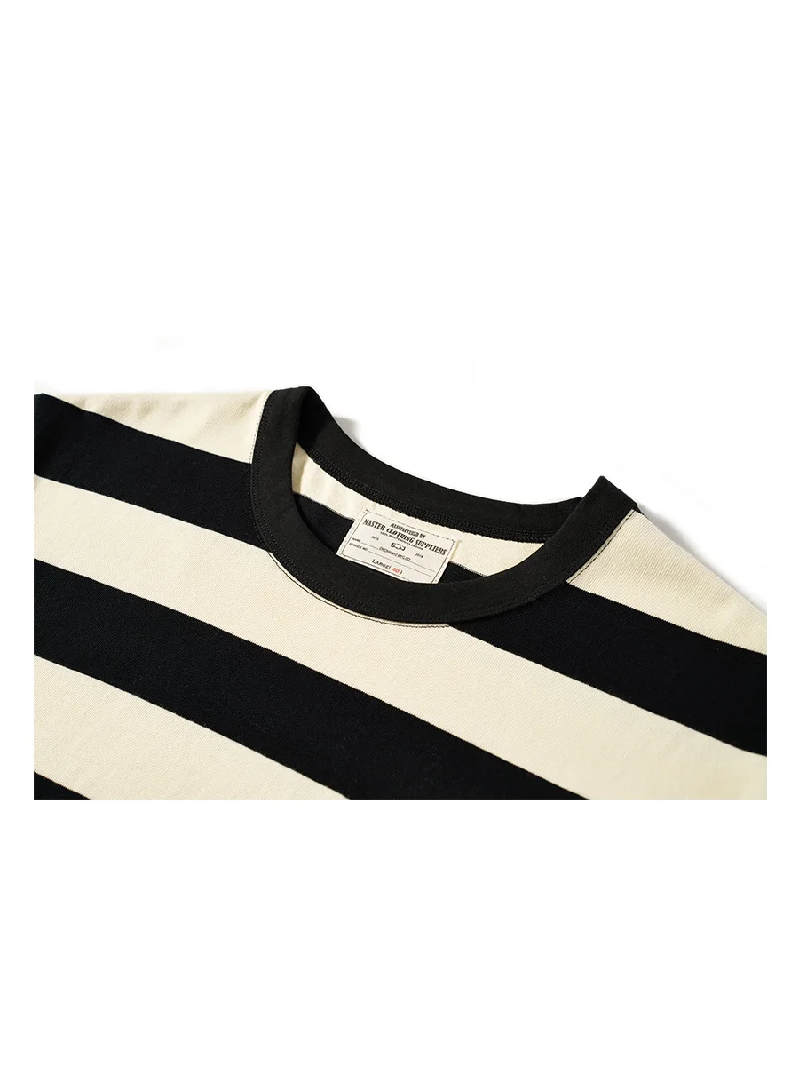 New American Retro Khaki T-Shirt Heavyweight Prisoner Motorcycle Men's Versatile Casual Short-Sleeved Thick Striped T-Shirt