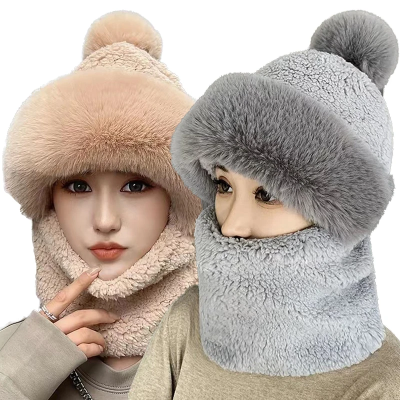 Winter Beanie Scarf Set Hooded for Women Fur Cashmere Neck Warm Russia Outdoor Ski Windproof Hat Thick Plush Fluffy Beanies