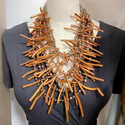 Y·YING 9 Strands Cultured Brown Rice Pearl Golden Coral Crystal Statement Necklace