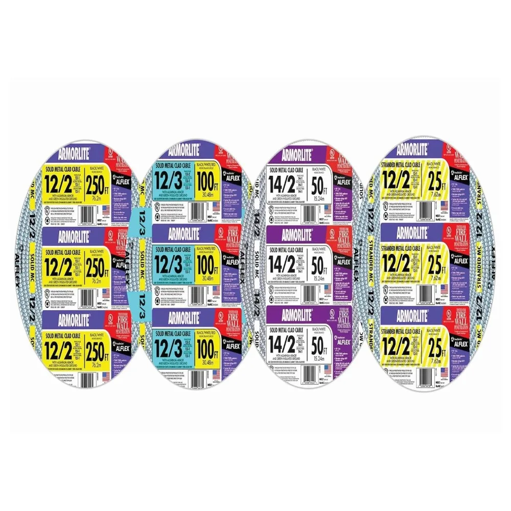 

Кабель типа 14/2, 50 футов с металлическим покрытием и алюминиевой броней, зеленая заземляющая проволока, серая оболочка