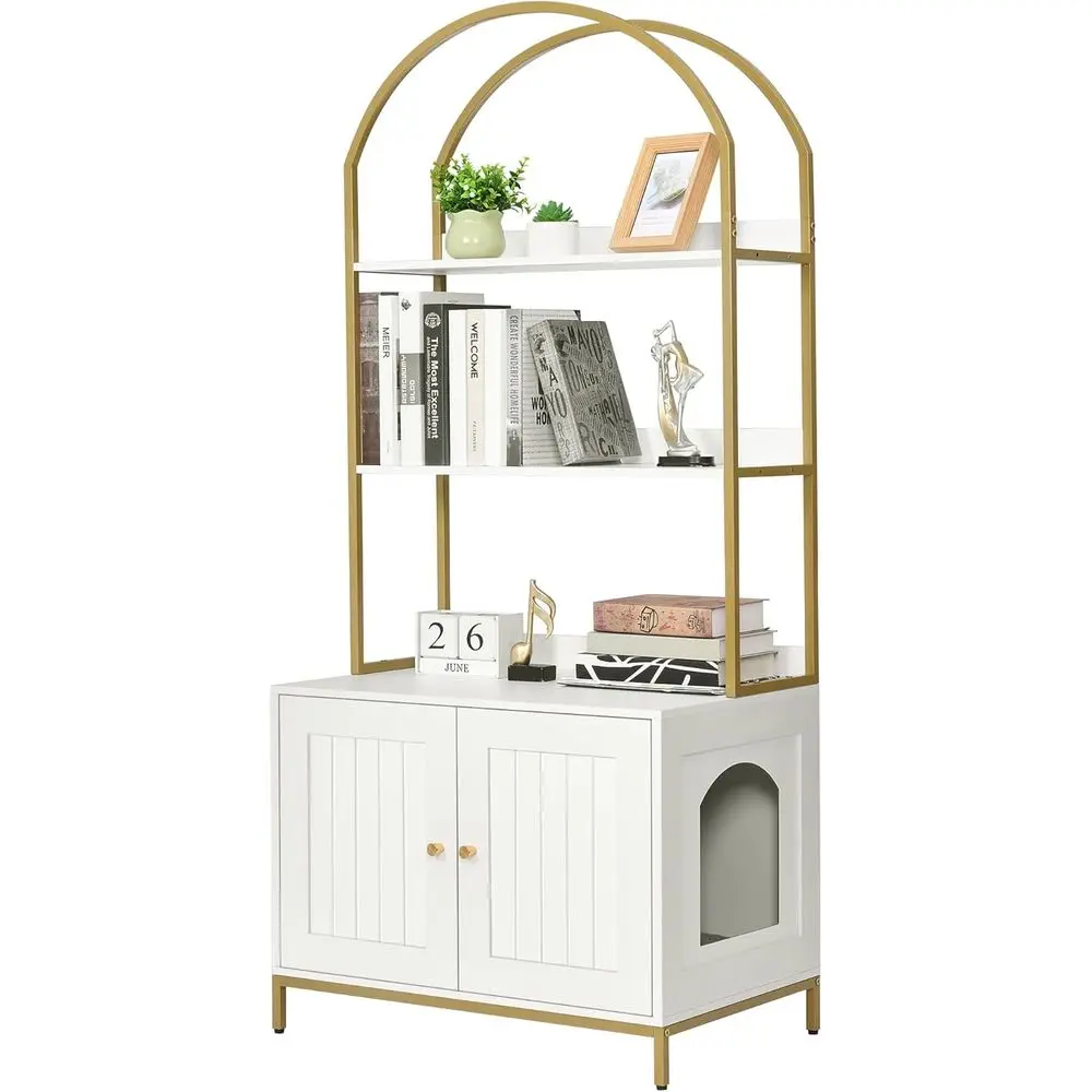 

Cat Litter Box Enclosure, Litter Box urniture Hidden with 2-Tier Storage Shelves, Wooden Cat Washroom urniture with Metal e, ern