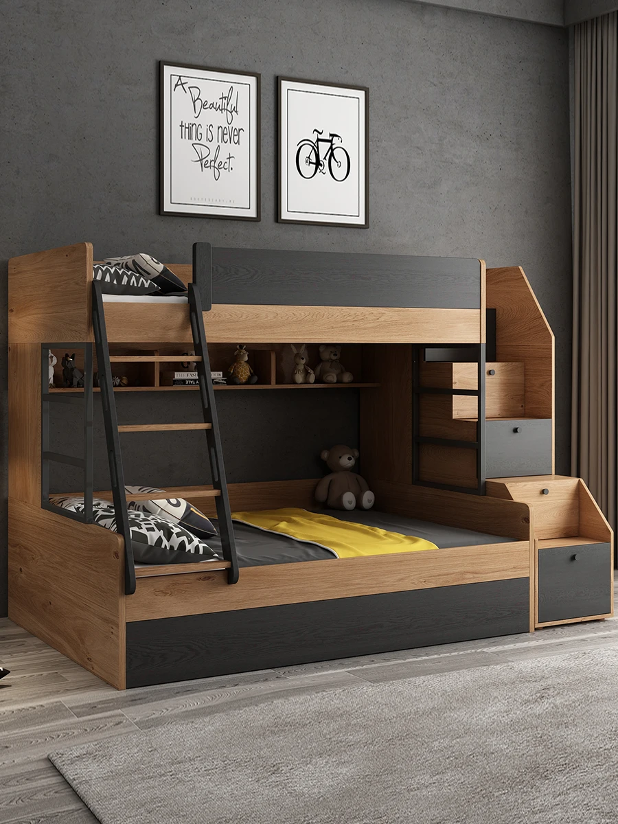 Children's up and down high and low bed, multifunctional double layered mother and child bed, wooden bed with up and down bunks