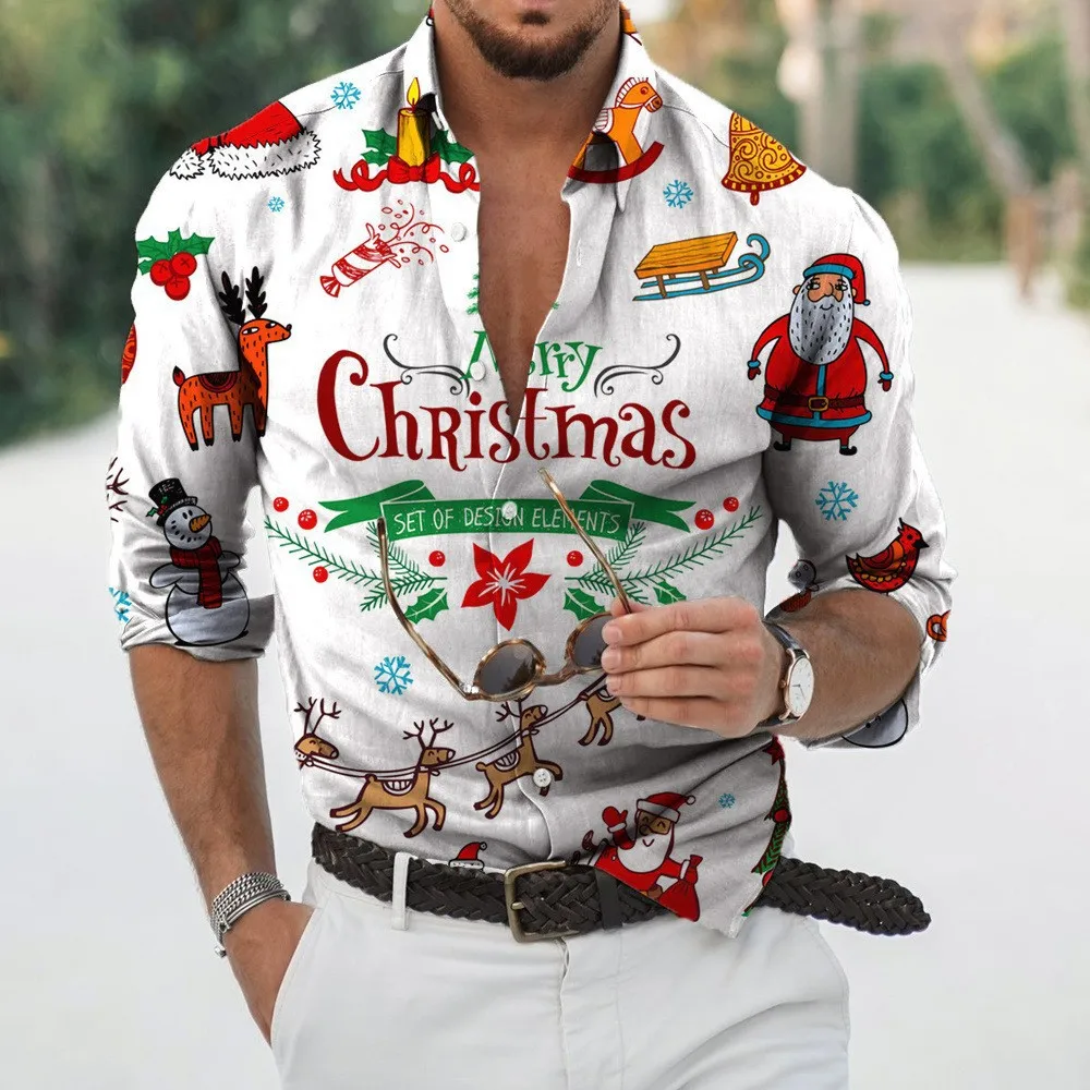 

Cartoon Santa Claus And Deer Pattern Men's Casual Shirts Autumn Winter Long Sleeve 3D Print Street Christmas Blouse 4XL Big Size