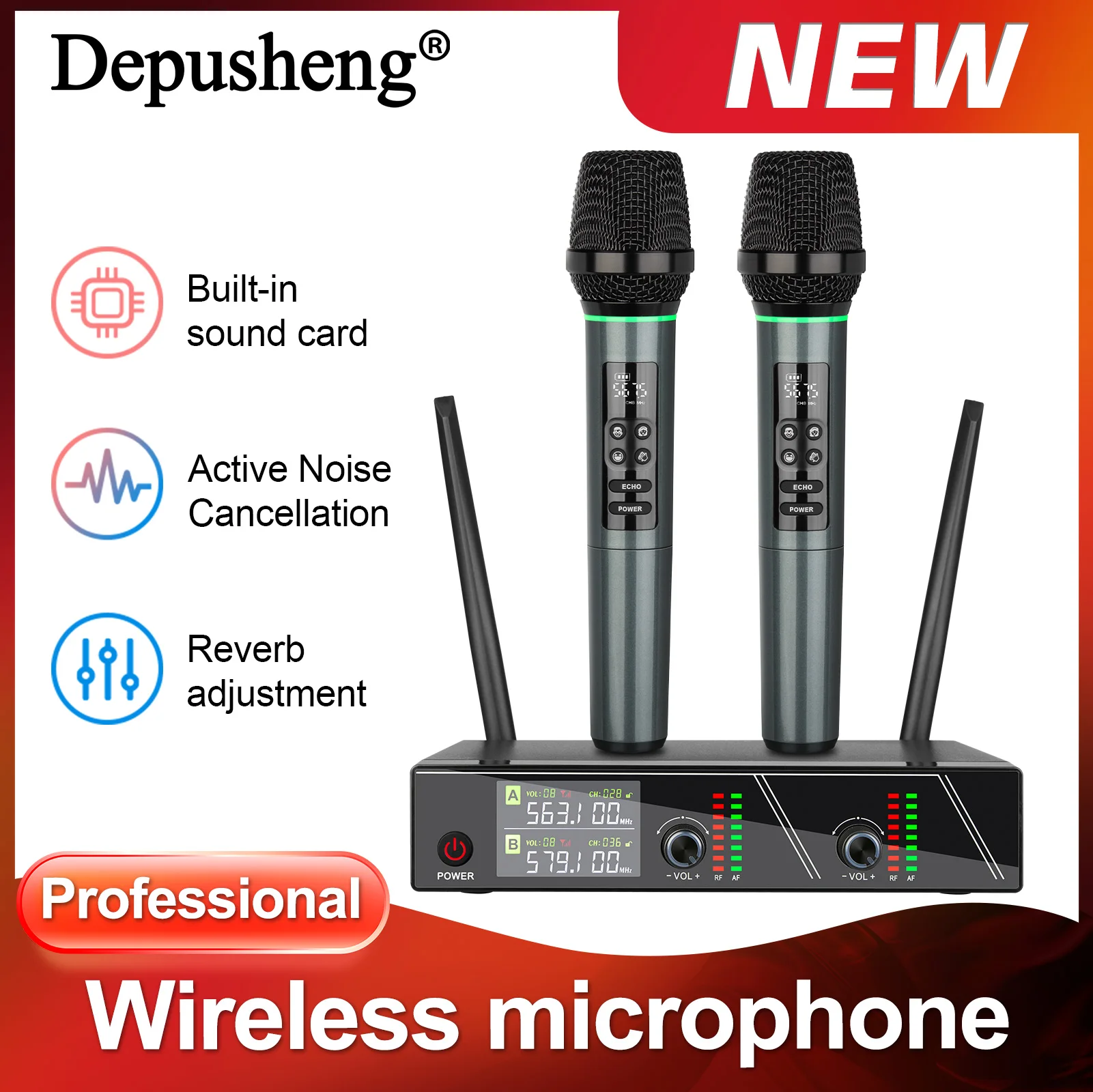 Professional 4-Channel Wireless Microphone Set – Active Noise Cancelling, Reverb-Adjustable, Built-In Sound Card Depusheng