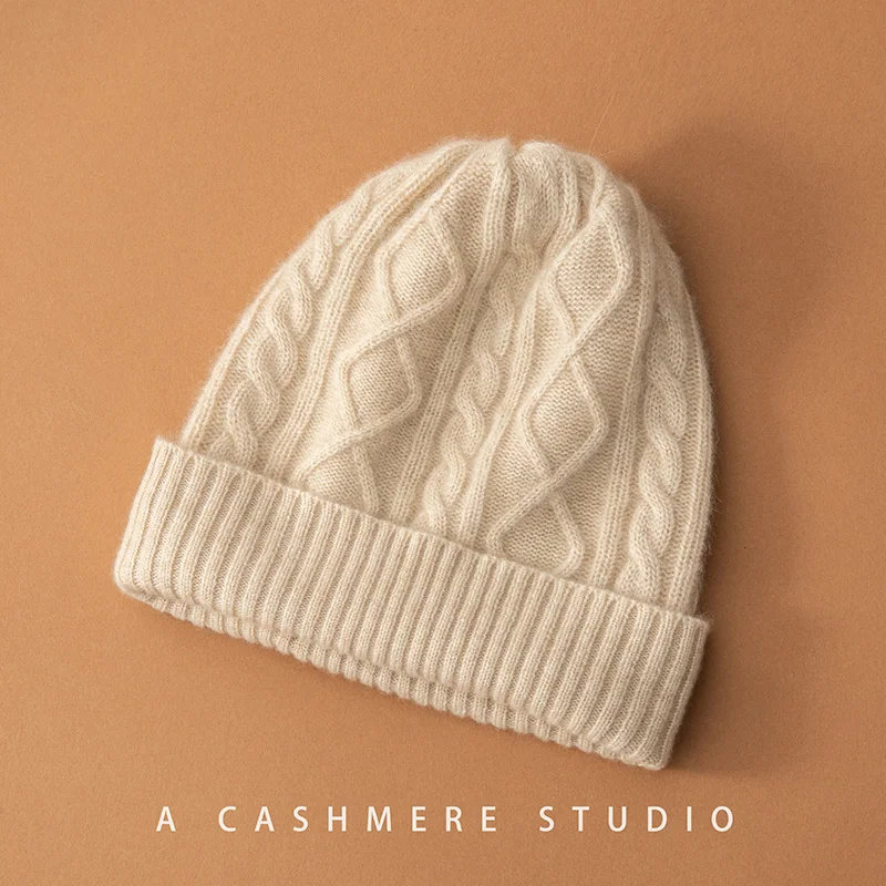 THYFZT  New Winter 100% Cashmere Knitted Headgears Women Keep Warm Beanie Hat High Quality Solid Casual Hedging Cap Skullies