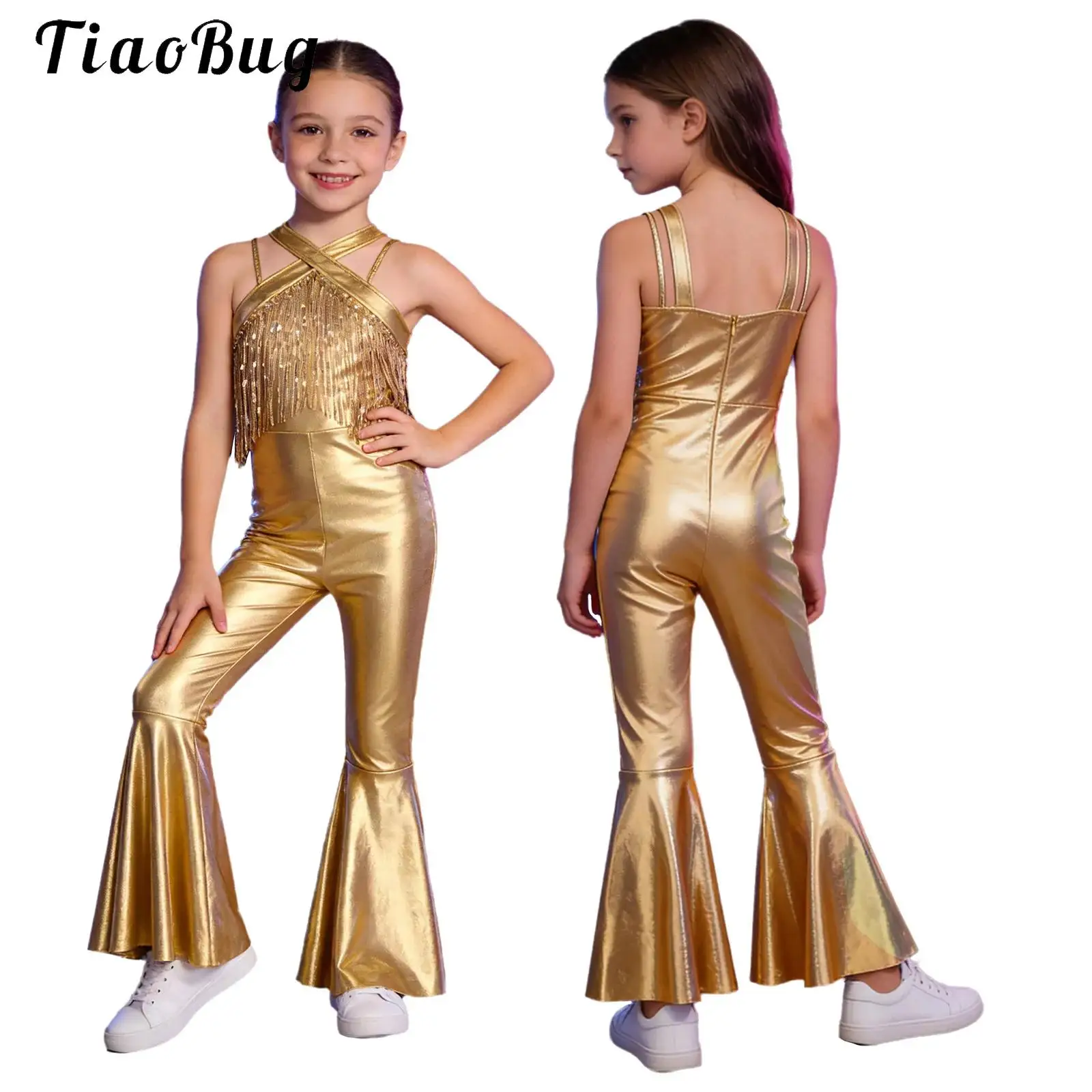 

Kids Girls Metallic Jumpsuit Shiny Sequins 70S Disco Flared Bodysuit Tassels Hippie Costume Sleeveless Prom Romper Performance
