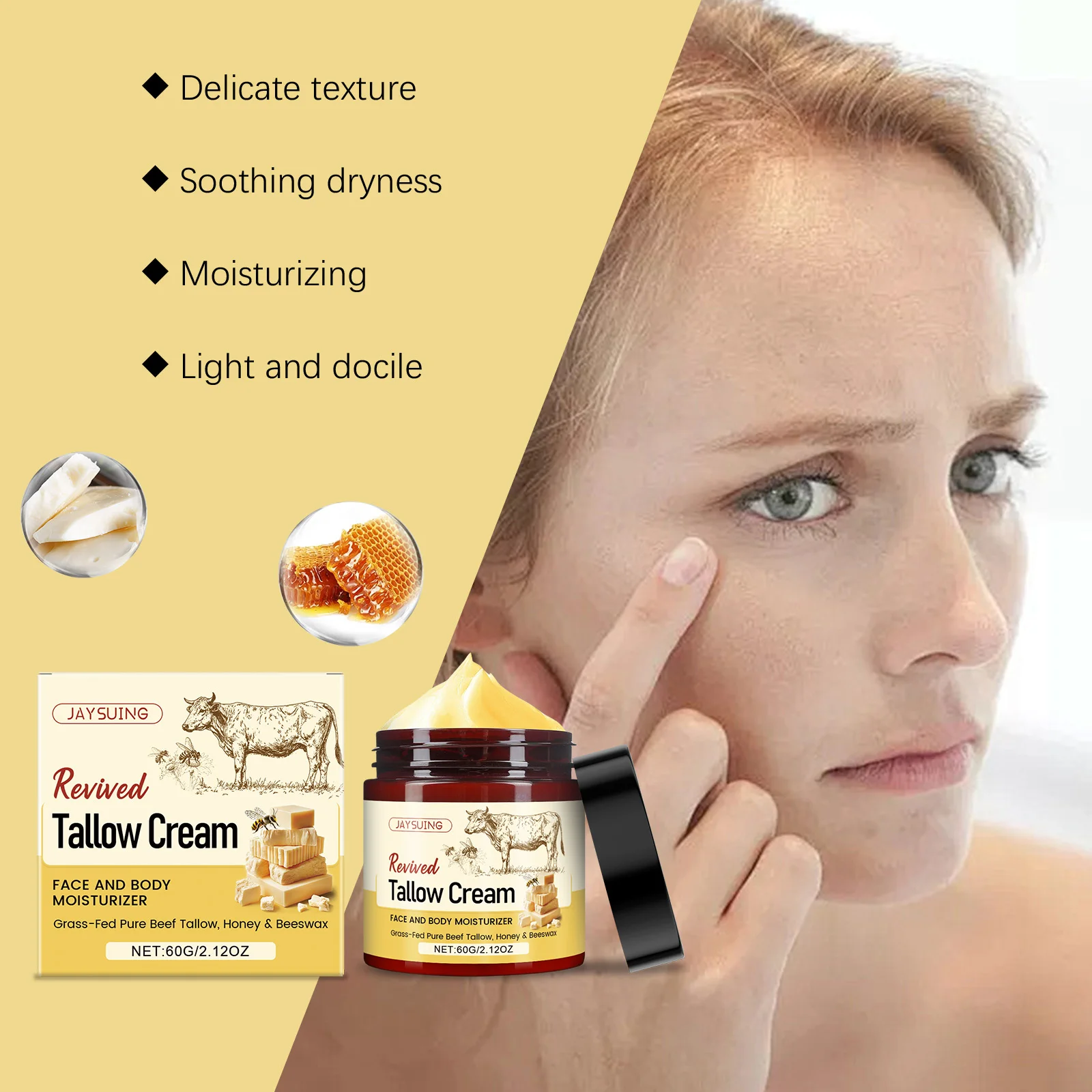 

Beef Tallow for Skin Organic Grass-Fed Grass Finished Whipped Tallow Honey Balm Light Scent Face Moisturizer Cream Body Lotion