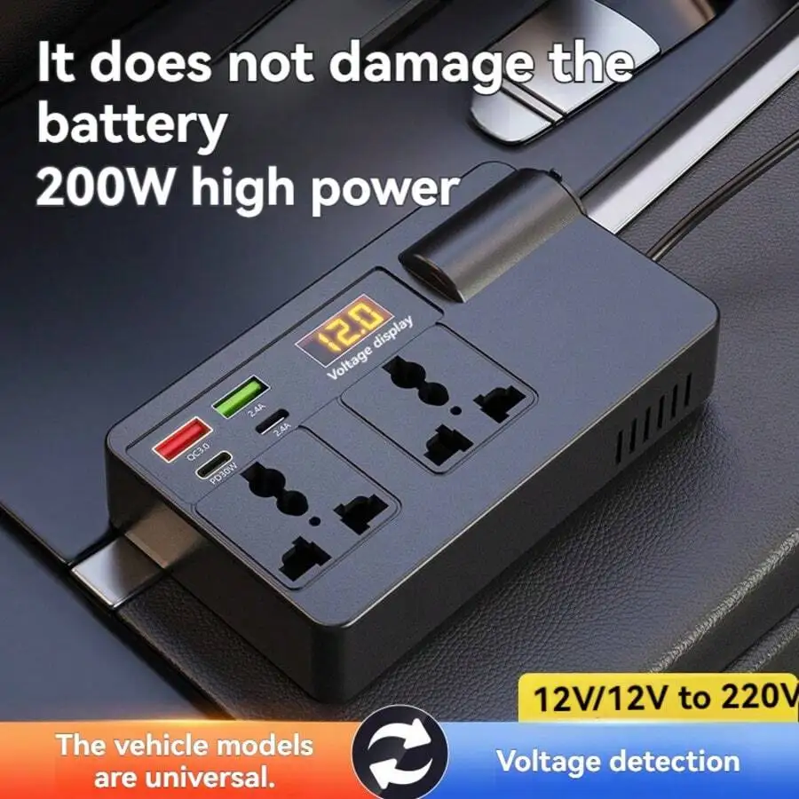 

7-In-1 200W Universal Car Power Adapter With Dual AC Outlets, QC3.0, PD, LED Voltage Screen, Switch & 12V/24V Input
