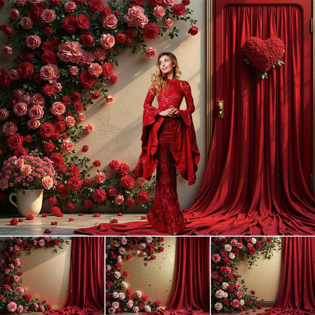 MOON.QG 2026 Fondo del Día de San Valentín cortinas rosas rojas fondo de corazón pared Photozone papel tapiz accesorios de fotografía para niñas