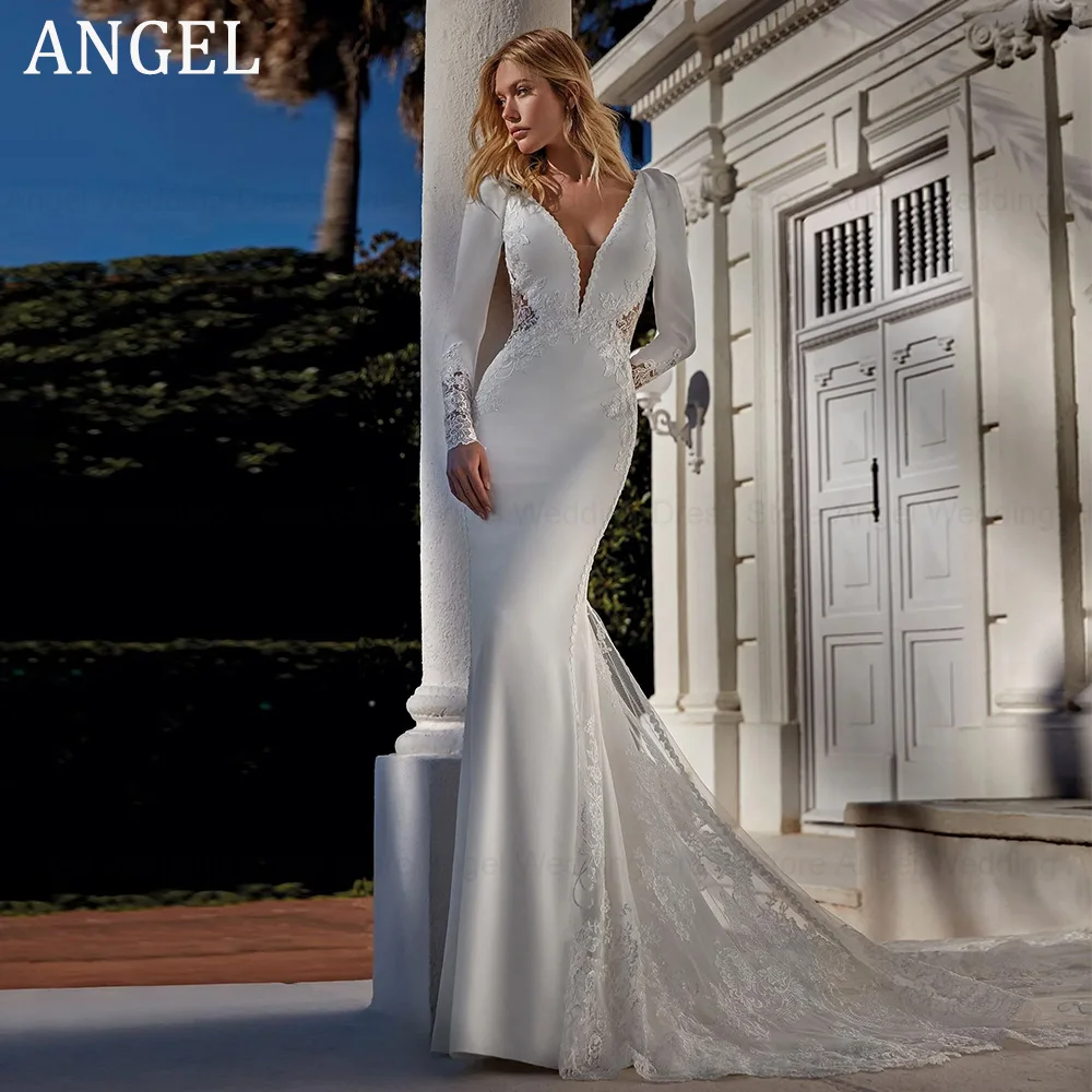 ANGEL Appliques Mermaid Wedding Dresses Soft Satin Long Sleeves Vestido De Novia Para Boda Civil Bridal For Women Custom Made