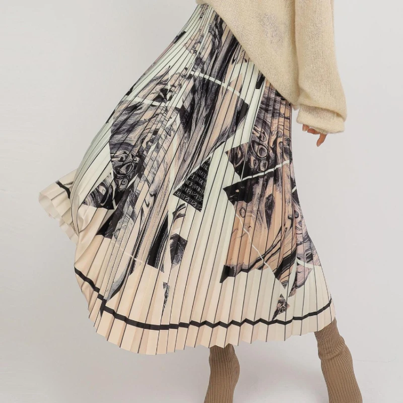 Fashion Ink Printed Pleated Long Skirt Spring Summer Abstract Printing A-line Calf Long Drape Skirts