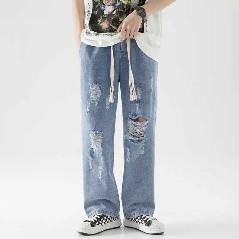 New Men Baggy Ripped Jeansripped Trousers Hip Hop New Mens Loose Jeans Neutral Pants Solid Color Women Oversized  Straight Jeans