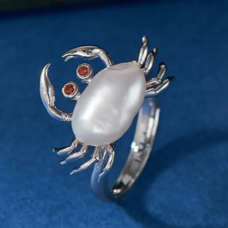 S925 Sterling Silver Rings for Women New Fashion Baroque Freshwater Pearl Crab Personality Punk Jewelry