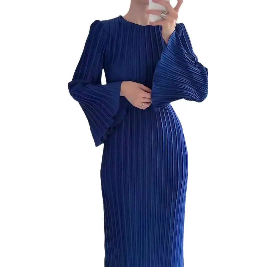 ربيع 2025 المرأة والخريف فستان طويل جديد أنيق مطوي مضيئة كم منتصف طول فستان رداء Vestido المرأة أنيقة