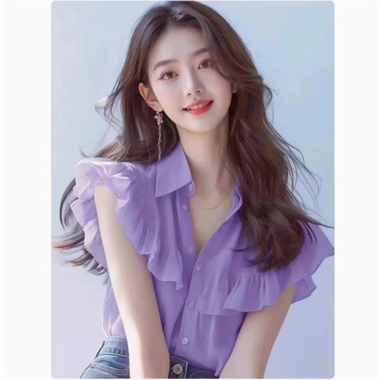 

Femme Summer Korean Fashion Button Solid Color Collar Short Sleeve Women Shirts Simplicity All-match Ruffles Slee