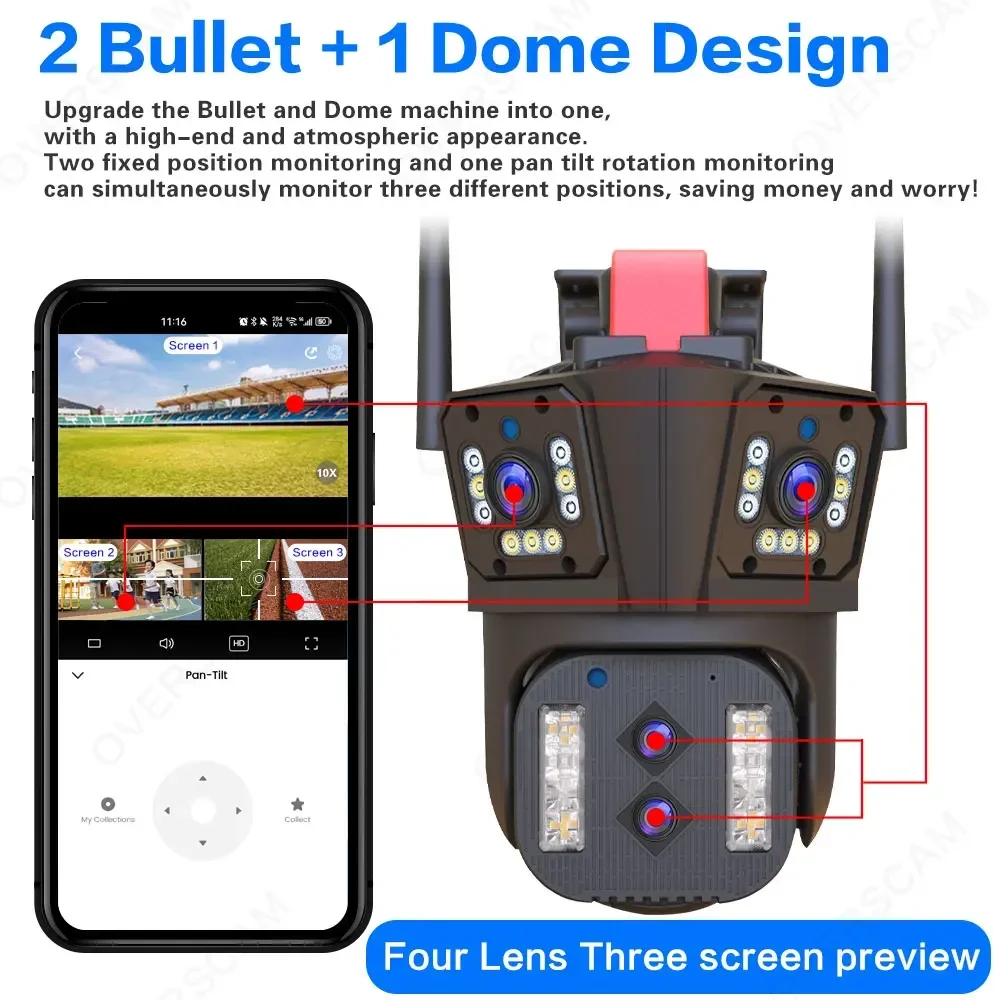 16-мегапиксельная 8K Wi-Fi камера безопасности с четырьмя объективами и тремя экранами, 10-кратный зум, уличная PTZ-видеокамера с автоматическим отслеживанием, водонепроницаемая камера наблюдения 6K