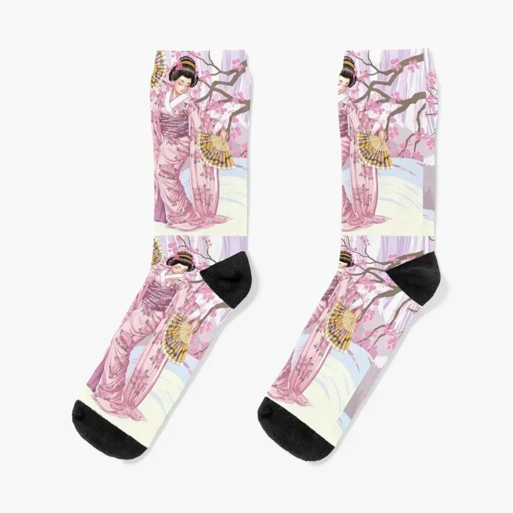 Pretty Japanese woman with fans and pink cherry blossoms Socks Rugby funny gift Lots Boy Child Socks Women's