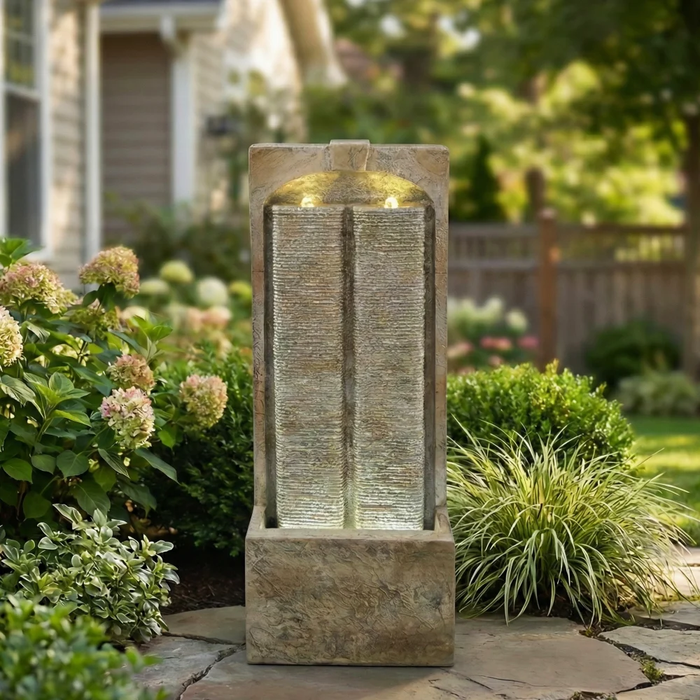 39 Inch Freestanding Modern Cascading Wall Fountain with Pump, Weather Resistant Outdoor Water Feature Built-in Warm White LED Lights, Decorative Waterfall Ornament for Patio Porch Lawn Backyard Garden