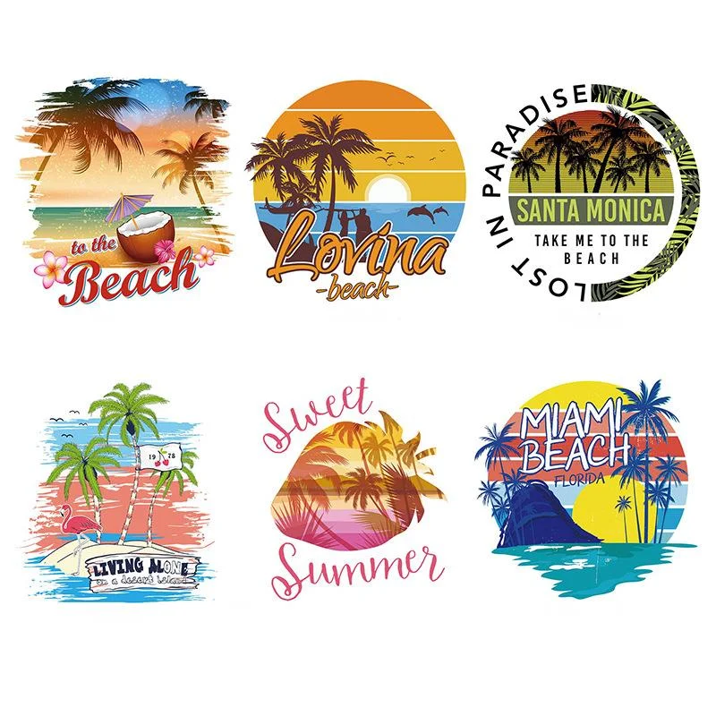 Hot stamping of summer beach scenery DTF Thermo Sticker Decals Heat Transfer Clothes Clothing Crafts Ironing Diy Accessory