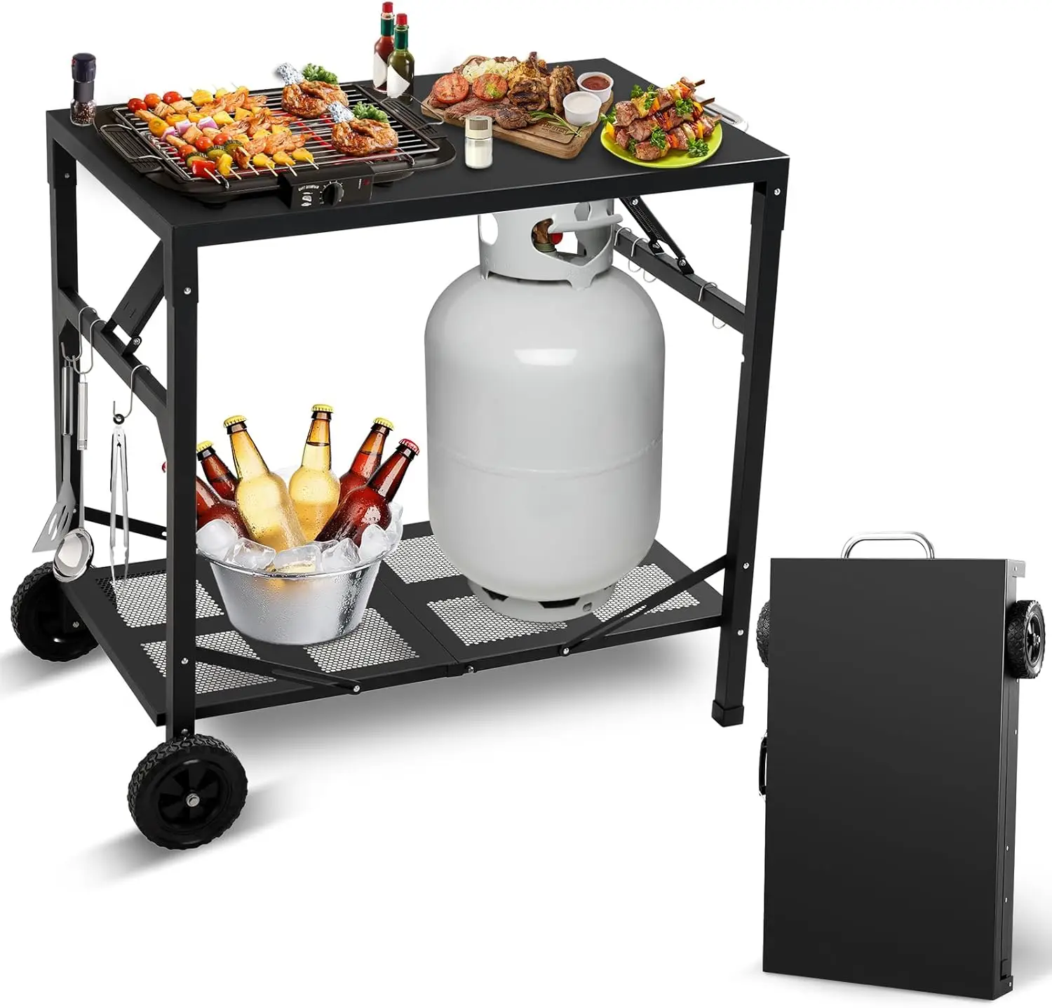 

Grill Cart Outdoor with Wheels - Foldable Pizza Oven Stand Table, Portable Dining Cart Table for Outdoor, BBQ, Indoor, Ki