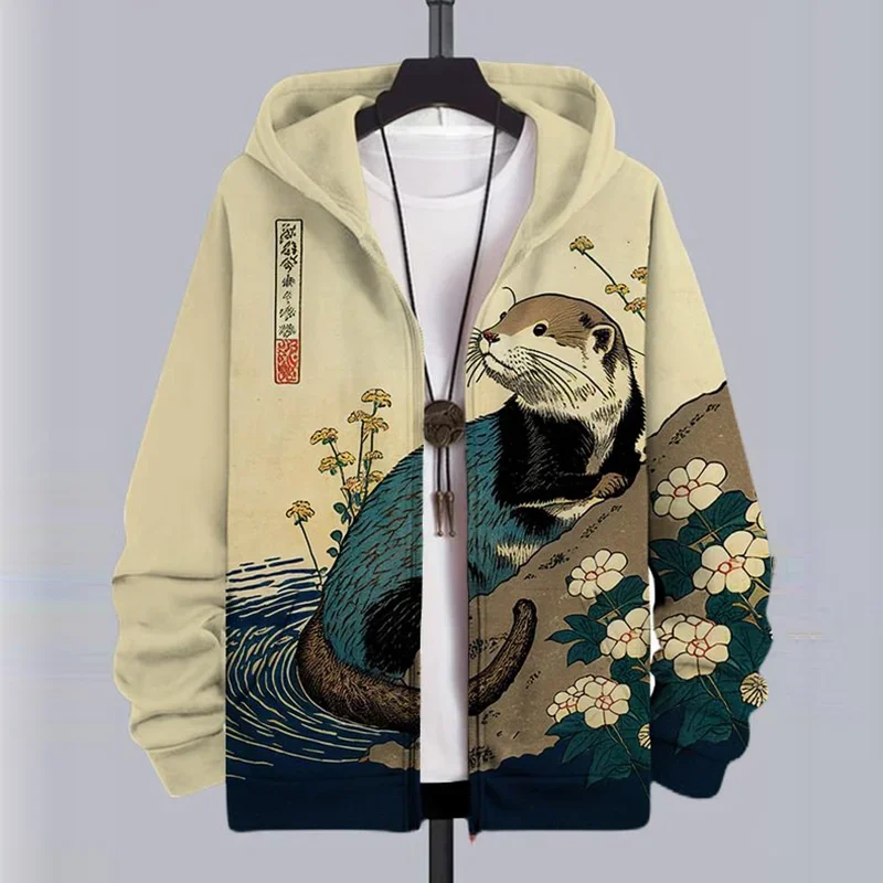 Funny Animal Cat Sweatshirt Zipper Hoodies 3D Printing Man Tracksuit Zipper Long Sleeve Fashion Hoodie Men's Y2K Clothing