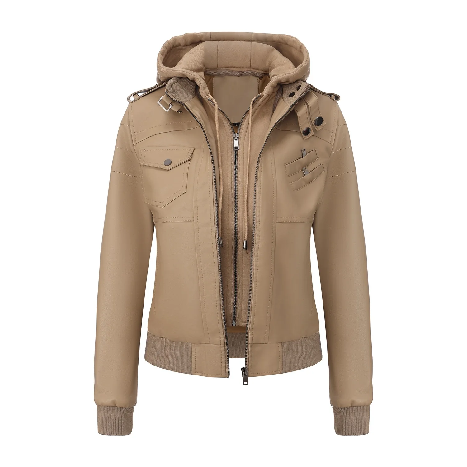 New Women's Women's Removable Hooded Leather Jacket Zipper PU Jacket Large Size Fashion Jacket