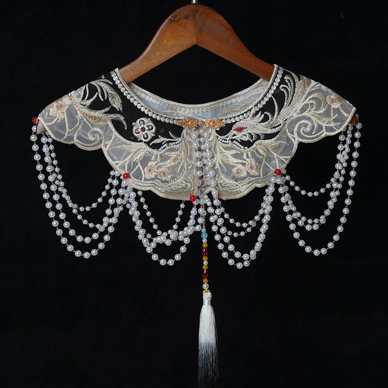 

chinese improved pearl tassel hanfu accessory embroidery cloud shoulder tassel bride's shawl hanfu embroidered false collar