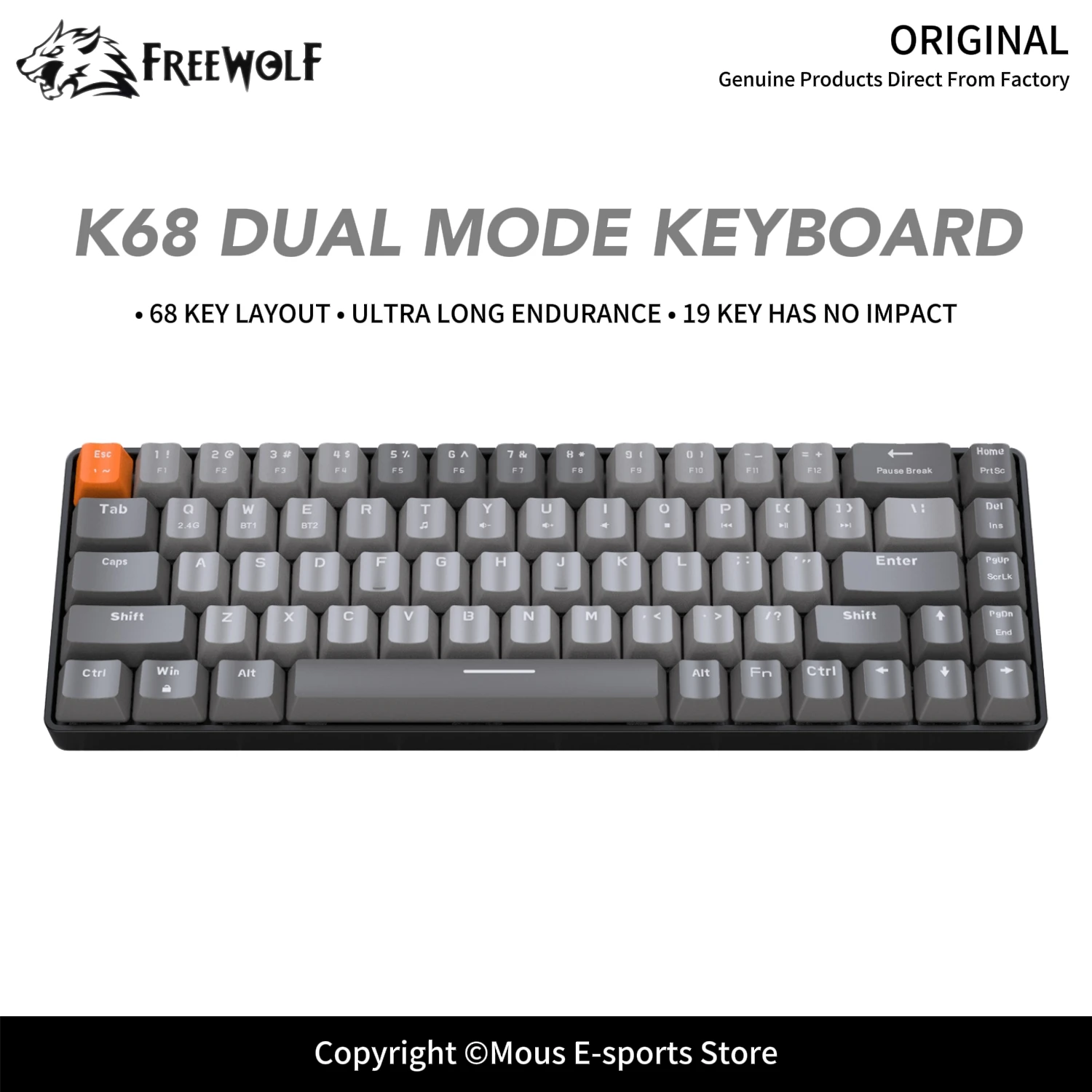 

K68 Wireless Dual-Mode Mechanical Keyboard FREEWOLF Gaming Keyboard ABS Full-Key Hot-Swappable Ergonomic Design for E-Sports
