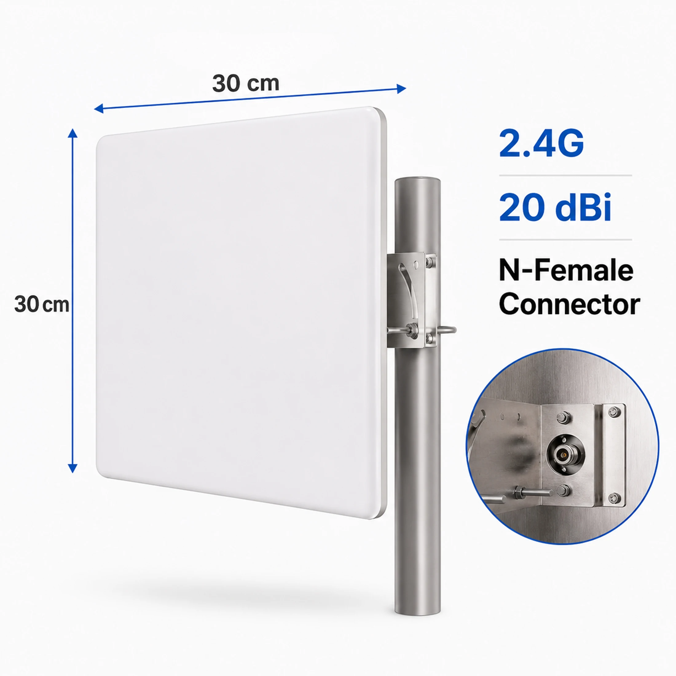 Antena de Panel WiFi de 20dBi, 2.4GHz, Direccional para Exteriores, 2400-2483 MHz, para Red Inalámbrica, Montaje en Poste/Mástil, Resistente a la Intemperie, 18/15dbi