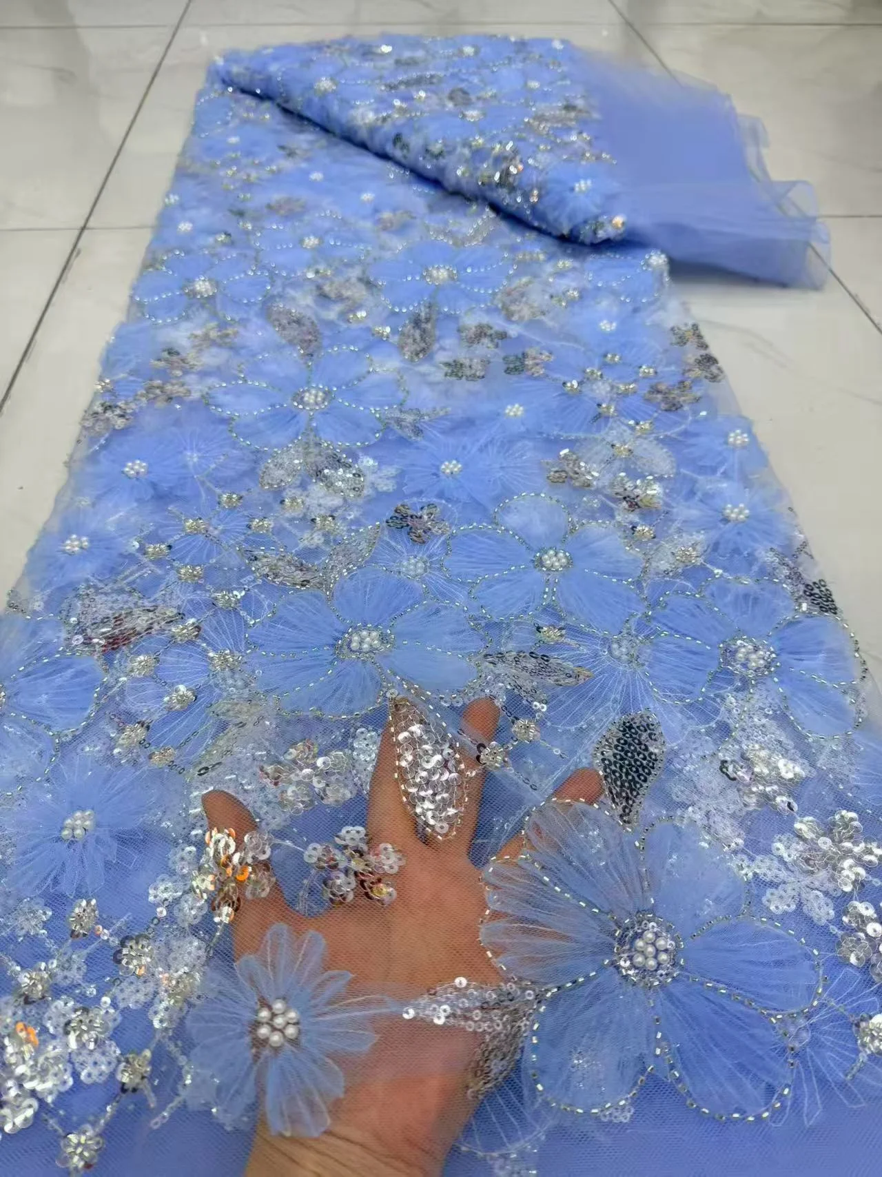 Top Grade Handcut African Nigerian Sequins Tulle Lace Fabric Sewing Net Cloth Prom Dresses Beads Embroidery High Quality DP0548