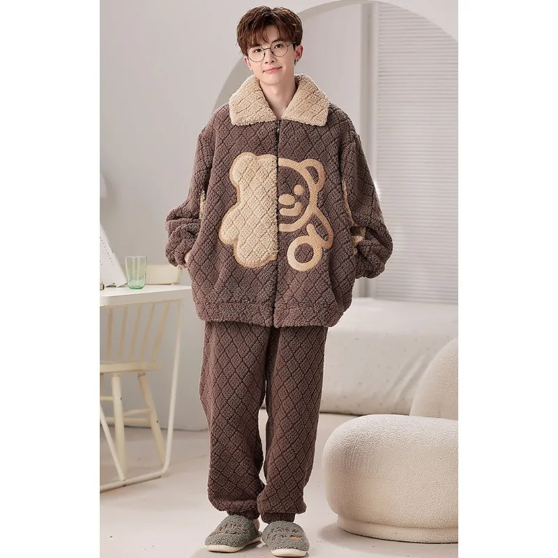 2024 New Men's Coral Velvet Pajamas Cartoon Handsome Plush Thickened Sleepwear Warm Flannel Loungewear Oversized Homewear Set