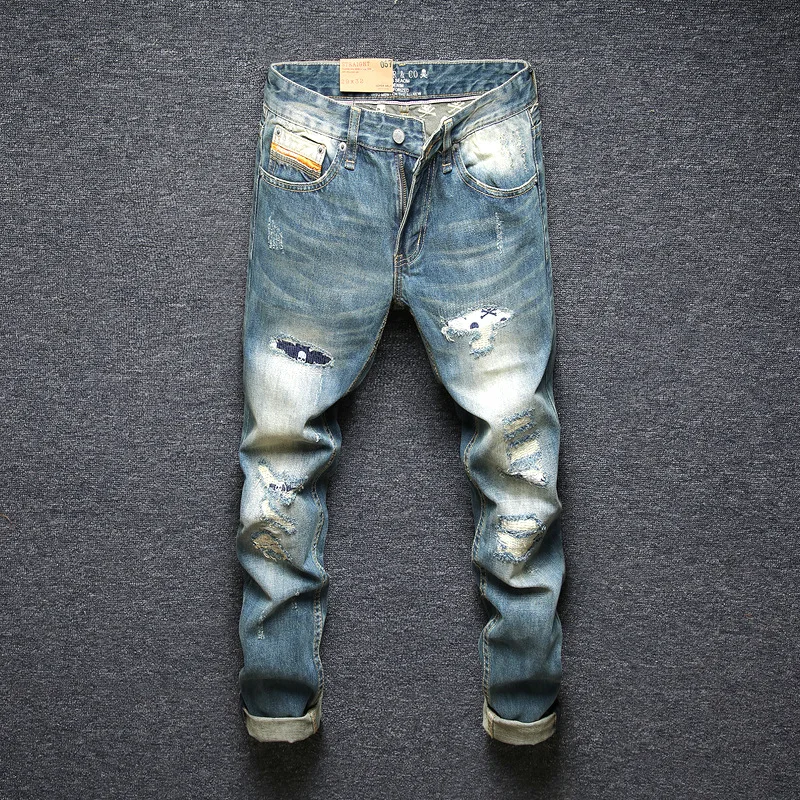 Fashion Vintage Men Jeans High Quality Retro Blue Straight Patched Ripped Jeans Men Skull Embroidery Designer Denim Pants Hombre