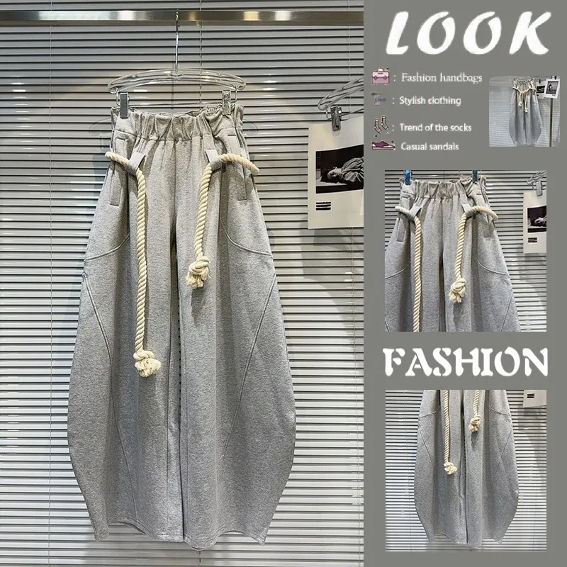 Handmade Wide Leg Knife Pants Men's Loose Casual Sweatpants Draping Sensation Thick Rope Buckle Trousers Unisex High Waist Lo...