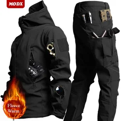 Winter Fleece Soft Shell Taktische Set Männer Multi Tasche Verdicken Jacke + Warme Lange Hosen 2-stück Winddicht Tragen beständig Arbeits Anzug