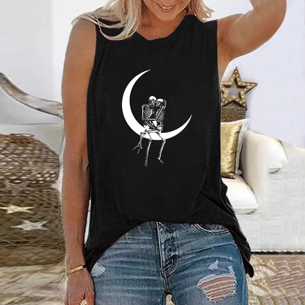 

Seeyoushy Skeleton Couple on The Moon Summer New Women's Sleeveless T-shirt Harajuku Gothic Women's Top Y2K Aesthetic Clothes