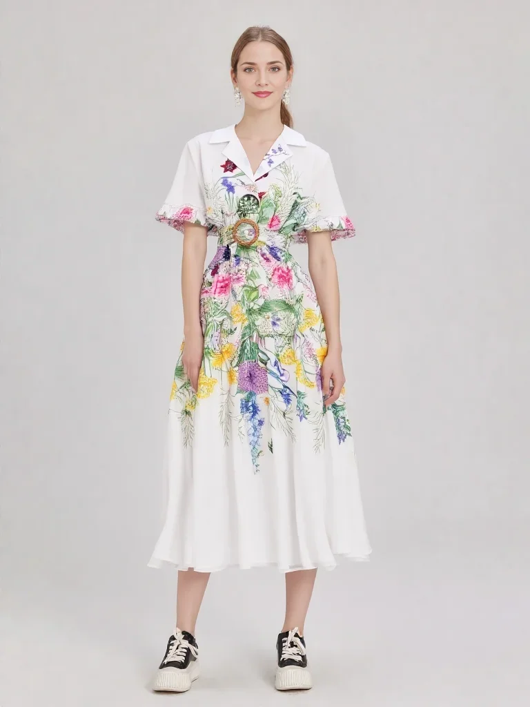 

Summer Floral Dress Women's Sweet Robe V-Neck Short Sleeve Slim Waist Notched Detail Female Clothing 2026 Vestidos De Mujer
