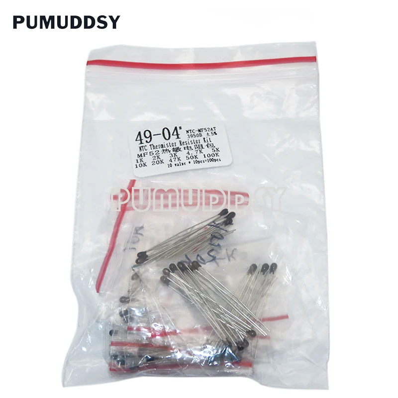 100PCS=10value*10pcs NTC Thermistor Resistor Kit PUMUDDSY NTC-MF52AT 1K 2K 3K 4.7K 5K 10K 20K 47K 50K 100K +-5% 3950B