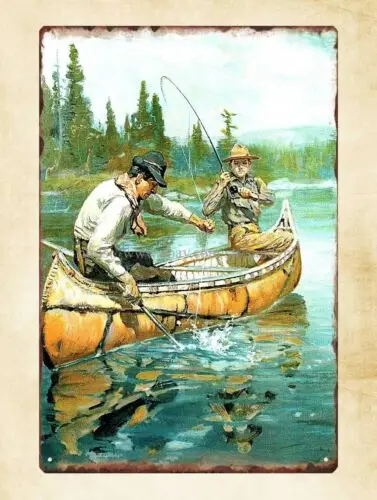 1912 Philip R. Goodwin painting fishing scene metal tin sign rustic wall decor sign