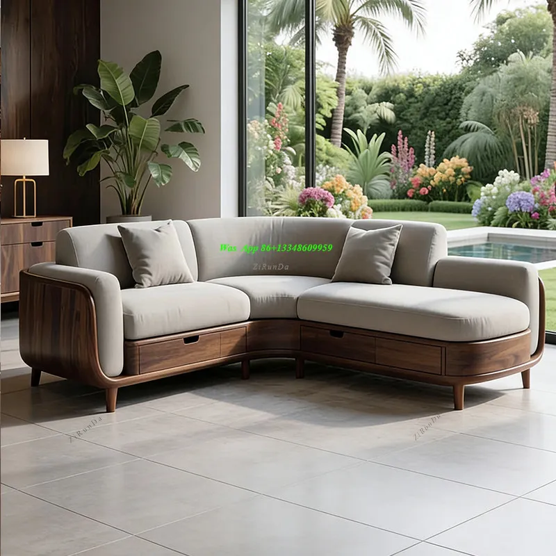 New Chinese-style Solid Wood Corner Sofa Black Walnut New Three-person Storage Living Room Furniture Tenon and Mortise Structure