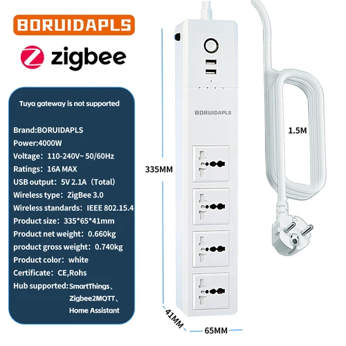 Imagen 2 del producto BORUIDAPLS enchufe europeo ZigBee tira de alimentación inteligente Universal Control independiente sincronización enchufes de voz con Google Home Alexa H-UE 4000W