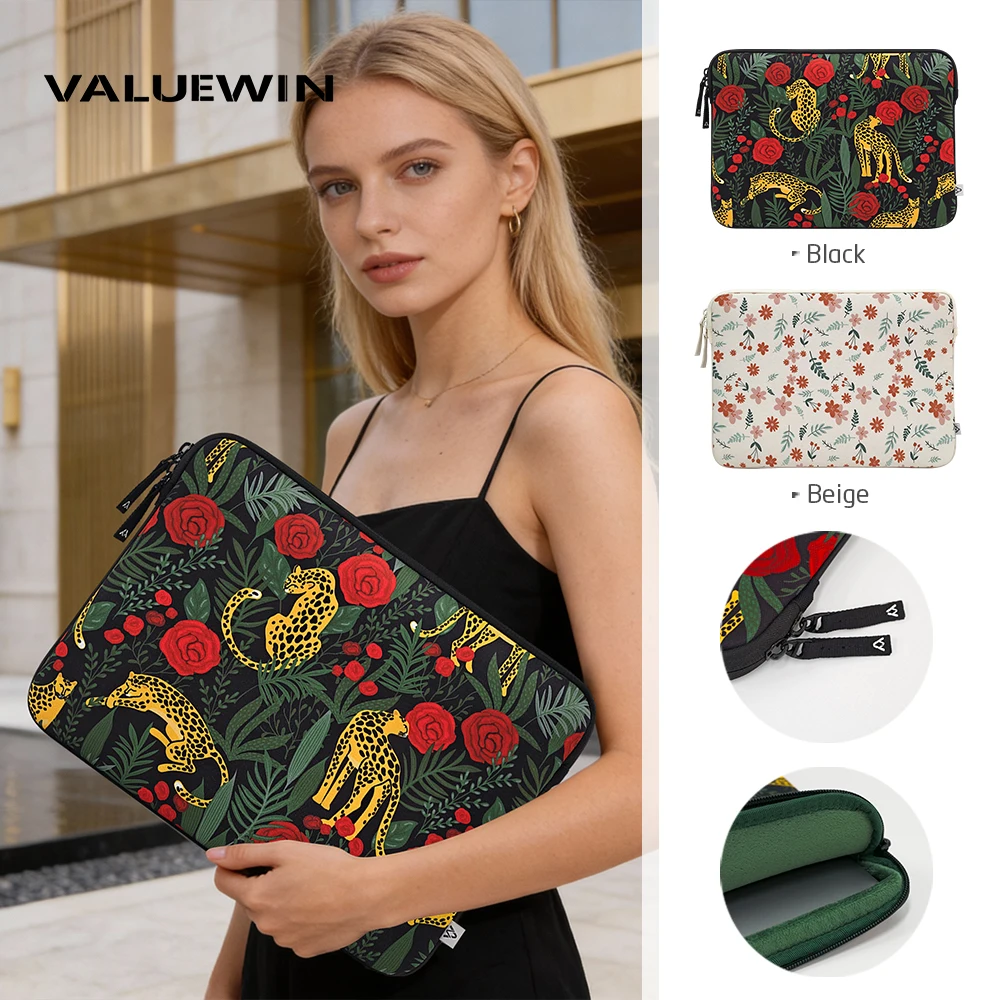 Leopard Red Rose Print Laptop Sleeve Memory Foam Shockproof Notebook Case For MacBook Surface 13-13.6 15-15.6 Inch Computer Bag