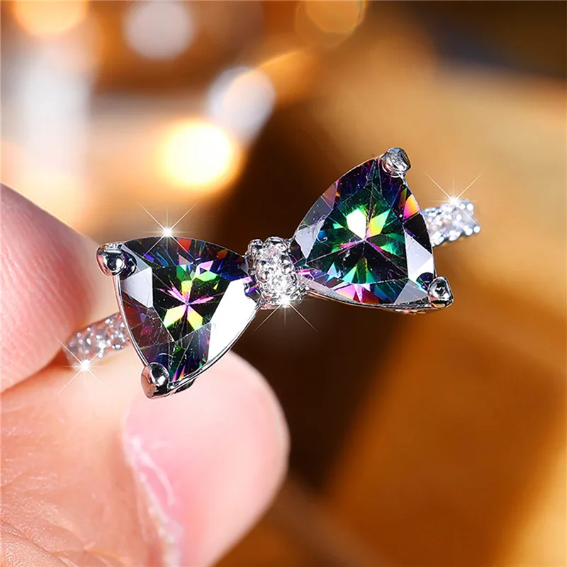 Luxury Female Rainbow Stone Bowknot Engagement Ring Trendy Silver Color Bride Wedding Jewelry Gift For Women