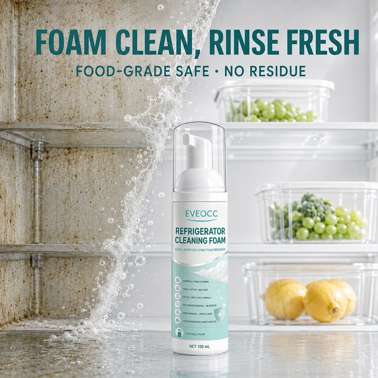 Multi‑Purpose Refrigerator Cleaning Foam, Portable Pump Foam Cleaner, Grease Odor Remover for Kitchen Home Surfaces