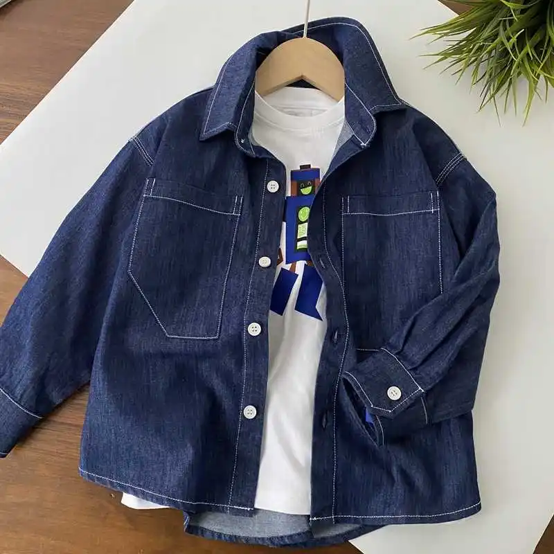 

Модная темно-синяя джинсовая рубашка с длинными рукавами для мальчиков, однобортная рубашка с отложным воротником, весна-осень, топы для мальчиков 4-12 лет, рубашка