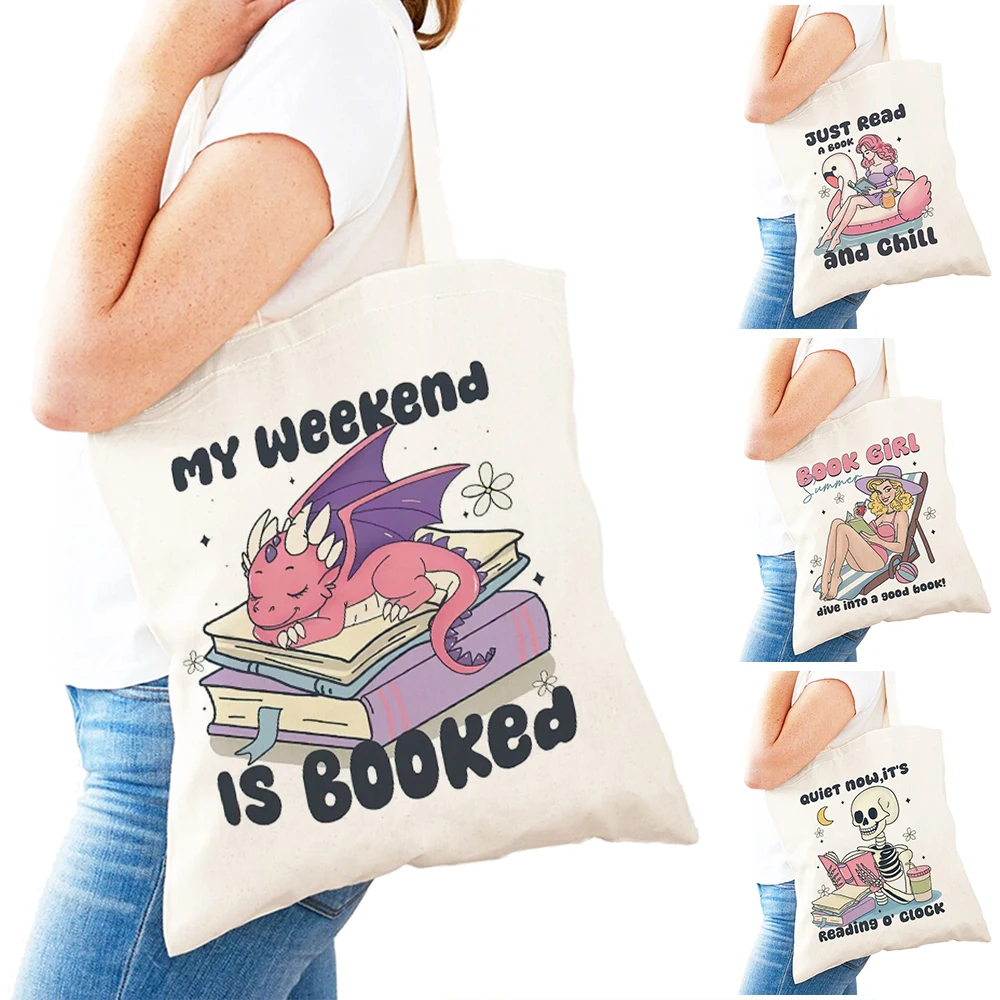 

Booked Dragon Girl Shopping Bags Lightweight Flamingo Lady Daily use Shoulder Handbag Double Print Book Lover Women Shopper Bags