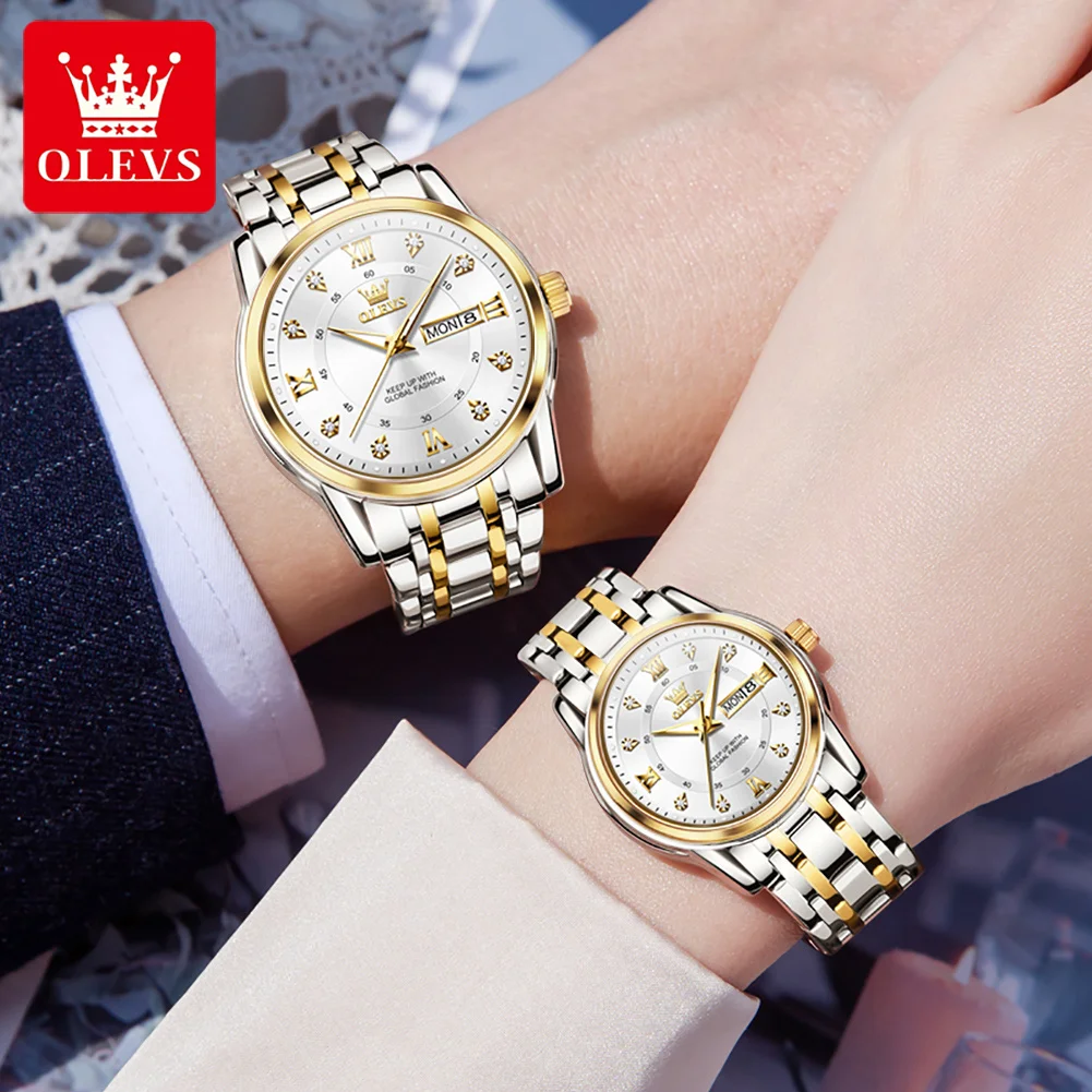 OLEVS 5513 Couple Watch Stainless Steel Waterproof Dual Calendar Trendy Quartz Watch for Men Women Elegant Lover's Wrist Watches