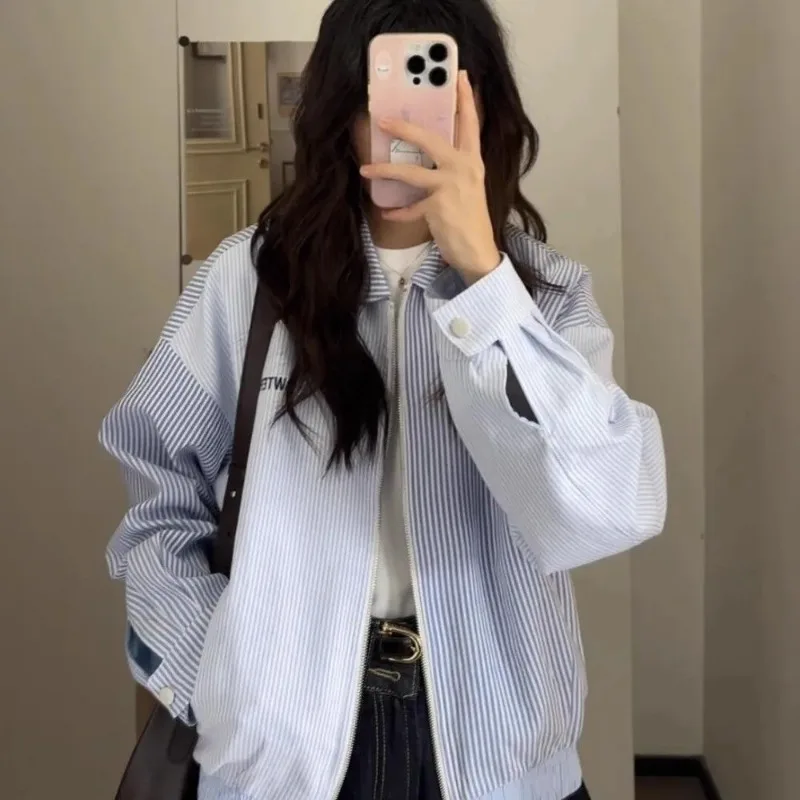 

Women Clothes Autumn Fashion Office Lady Simplicity Striped Color Blocking Turn-down Collar Female Zipper Long Sleeve Cardigan