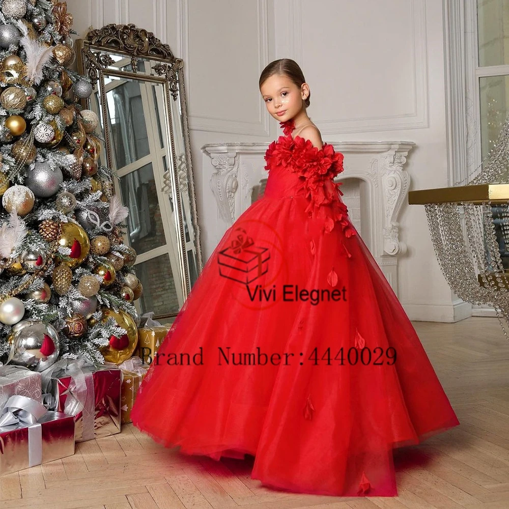 Boat Neck Sleeveless Flower Girls Dresses with Applique Red Sleeveless Christmas Gowns Soft Tulle 2024 Winter فلور فتاة اللباس