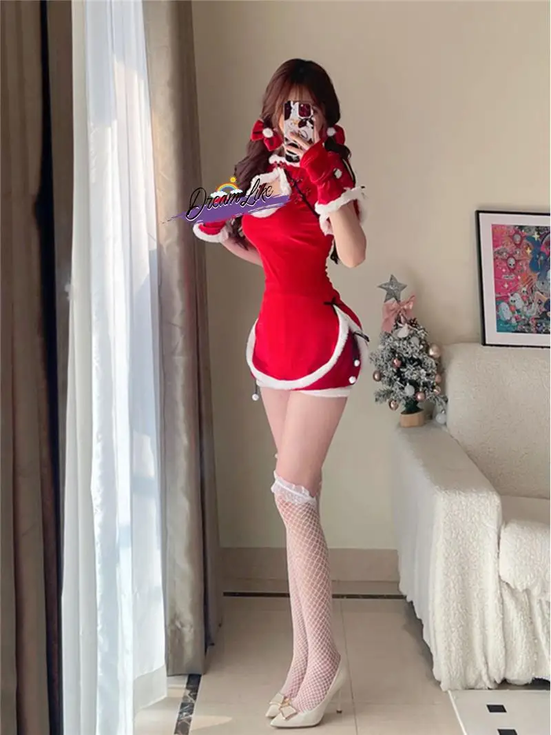

Sexy Red Dr Women's Cisas Costume Stage Performance Outfit New Year's Celebration Cloudy Winter Faion
