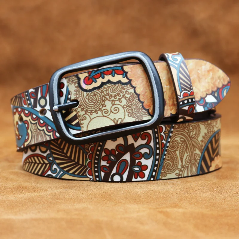 Western Retro Pin Buckle Graffiti Print Leather Men Belt Fashion Embossed Leather Jans Belt for mens